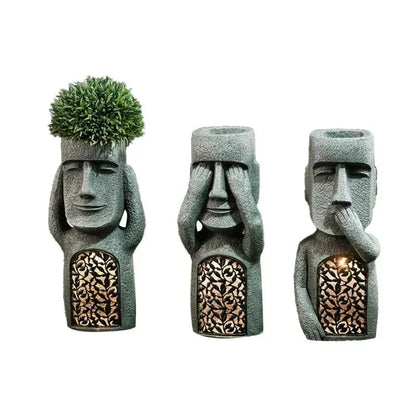 Easter Island statue, flower pot – LED lighting – for outdoor use – garden decoration