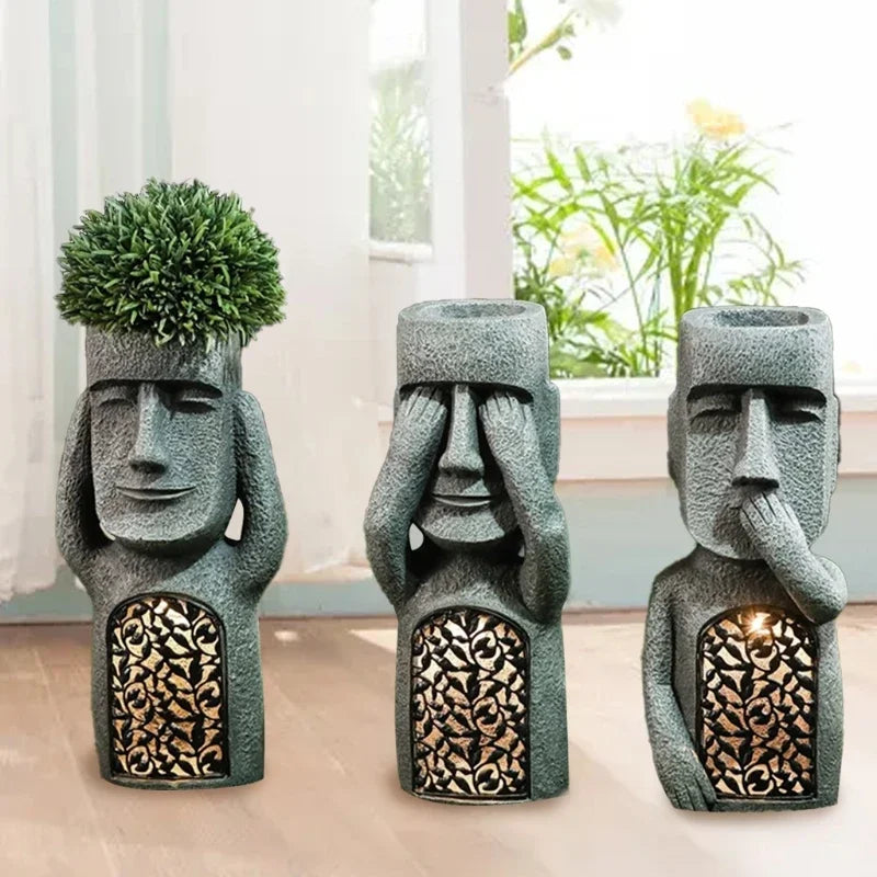 Easter Island statue, flower pot – LED lighting – for outdoor use – garden decoration