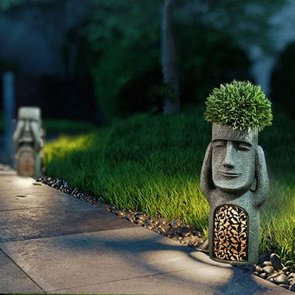 Easter Island statue, flower pot – LED lighting – for outdoor use – garden decoration