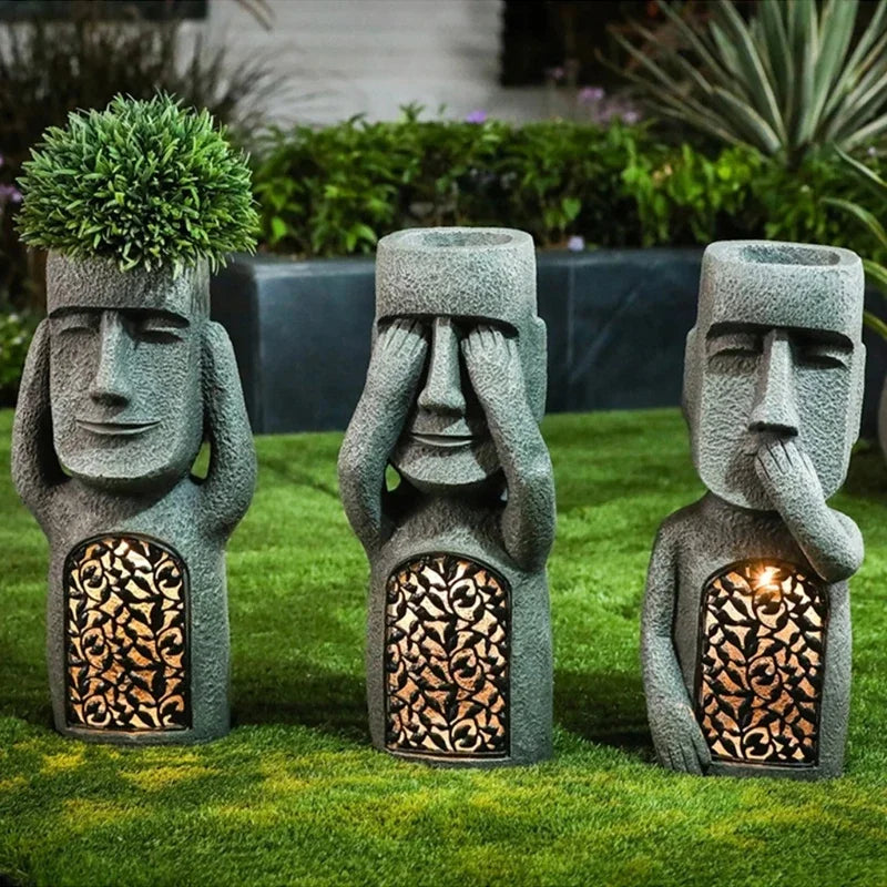 Easter Island statue, flower pot – LED lighting – for outdoor use – garden decoration