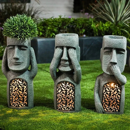 Easter Island statue, flower pot – LED lighting – for outdoor use – garden decoration