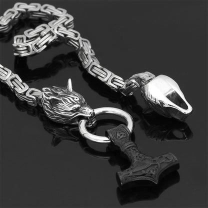 60–90 cm Stainless Steel Double Wolf Head & Mjolnir Survival Spirit Necklace/Bracelet
