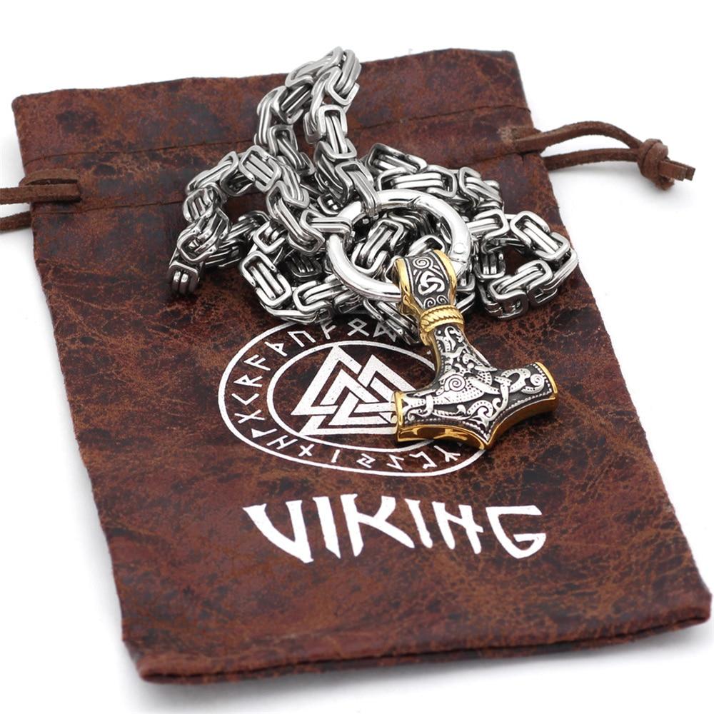 Skanto | 60–90 cm Stainless Steel Double Wolf Head & Mjolnir Survival Segment Necklace/Bracelet