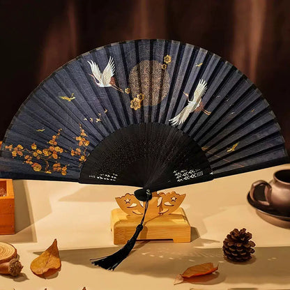 Ladies' one size hand-painted crane and plum blossom fan with carved wooden ribs and silk tassel Brehn
