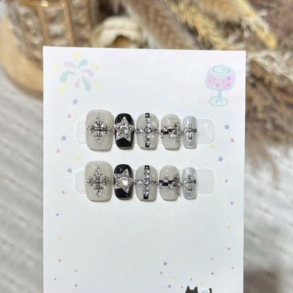 Artistic Press-On Nail Art Set with Gemstone Accents Acalora