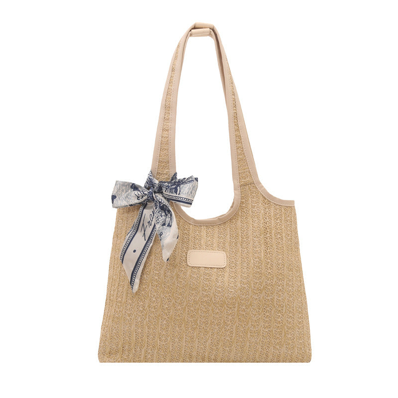 Textured Weave Tote Bag with Elegant Bow Acalora