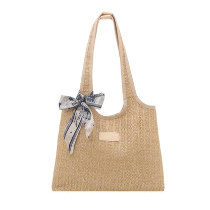 Textured Weave Tote Bag with Elegant Bow Acalora