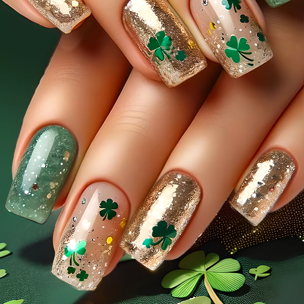 Festive Decorative Press-On Nails with Shamrock Design Acalora