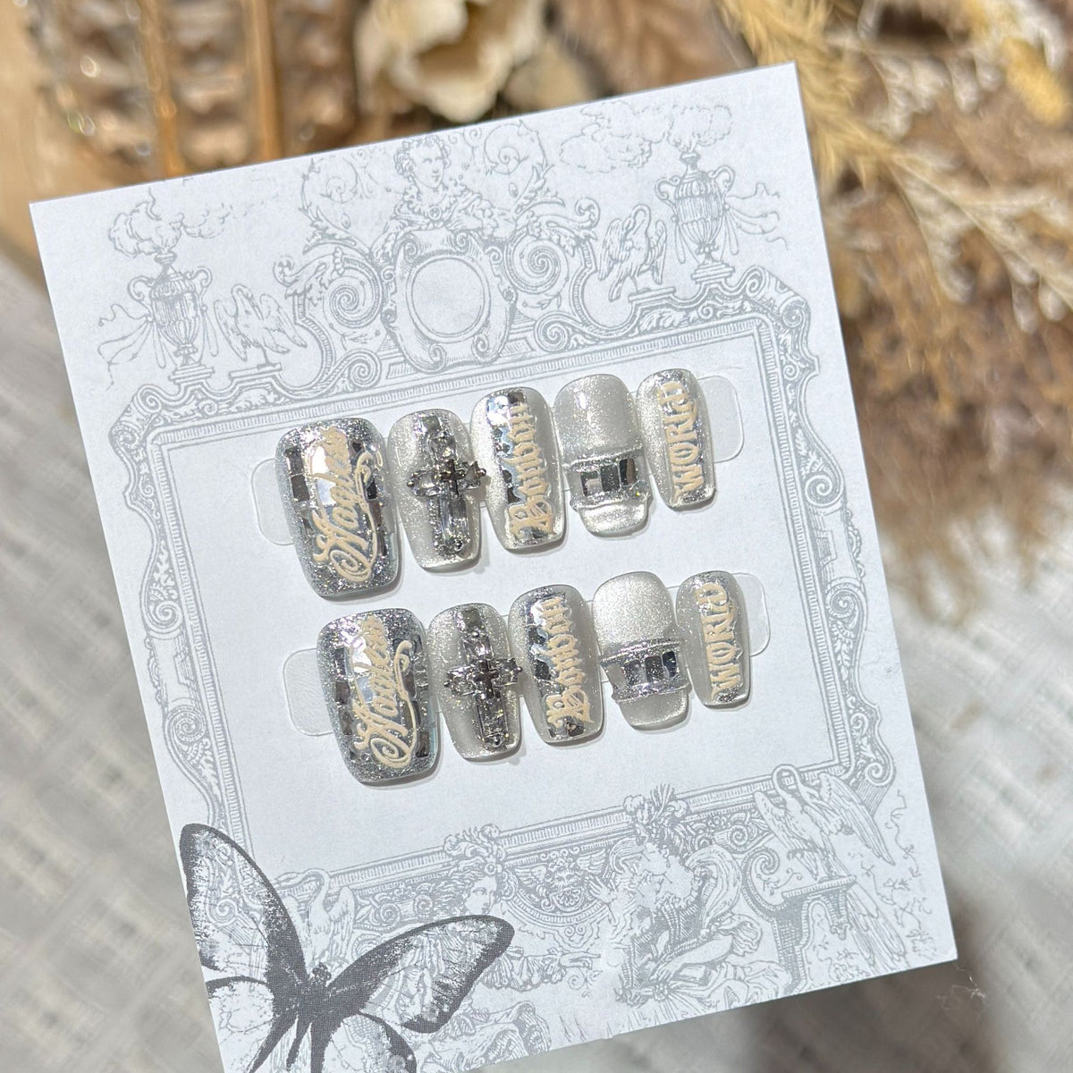 Metallic Press-On Nail Set with Decorative Silver Accents Acalora