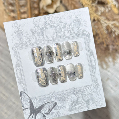 Metallic Press-On Nail Set with Decorative Silver Accents Acalora