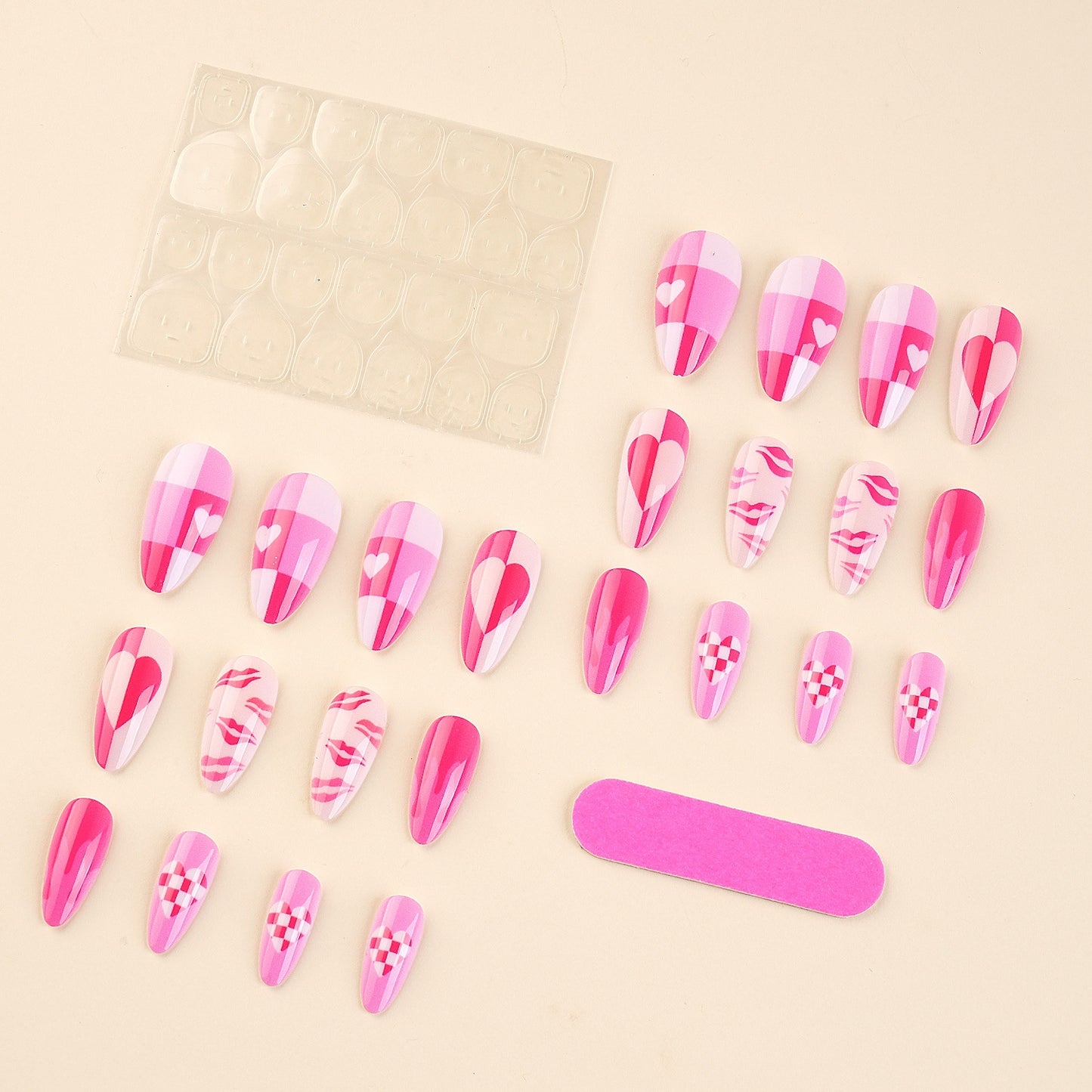 Artistic Press-On Nail Set with Heart and Flame Design Acalora