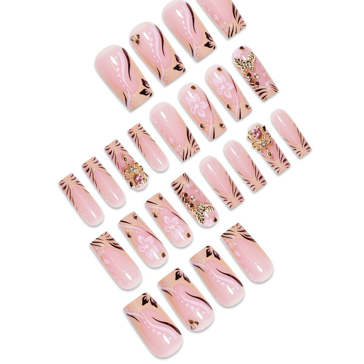 Artistic Press-On Nails with Floral and Gemstone Accents Acalora
