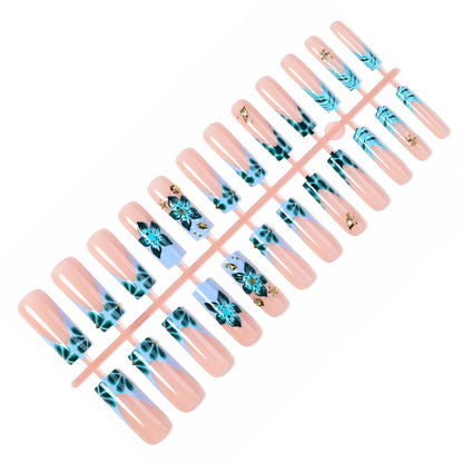 Artistic Acrylic Press-On Nail Set with Floral and Gold Elements Acalora