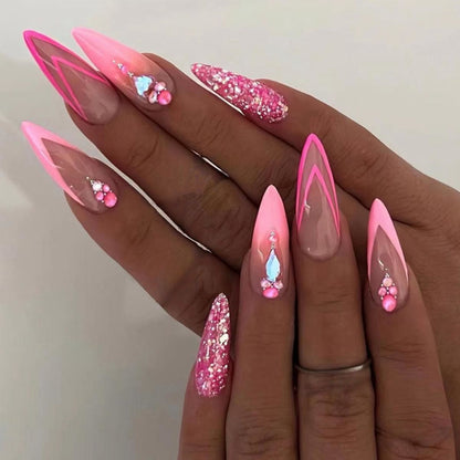 Artificial nail set with glamorous glitter and romantic flower decorations Acalora