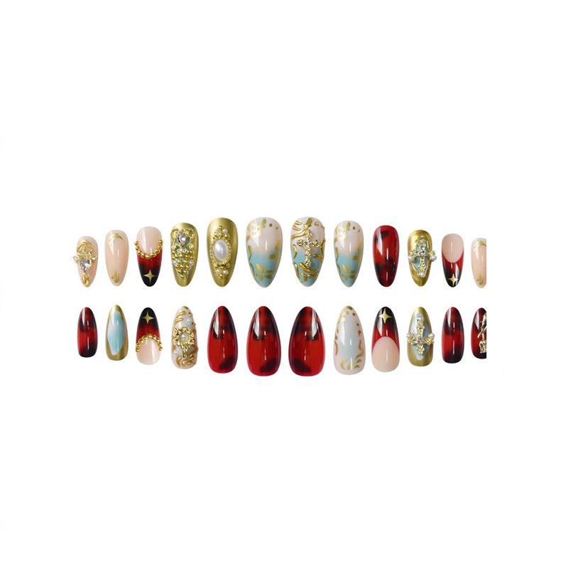 Artistic Decorative Press-On Nail Set with Gemstone and Pearl Accents Acalora