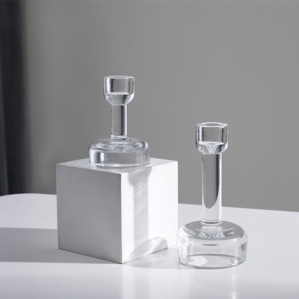 Minimalist Clear Glass Taper Candle Holder Pair with Weighted Base Acalora