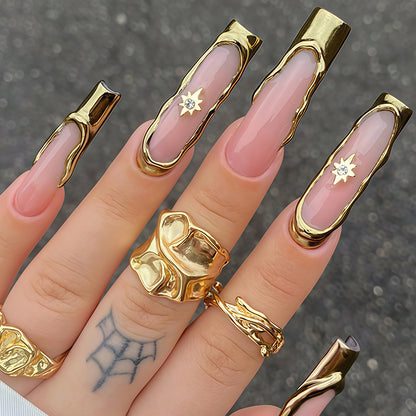 Artistic Long Nail Tips Set with Gold Accents Acalora