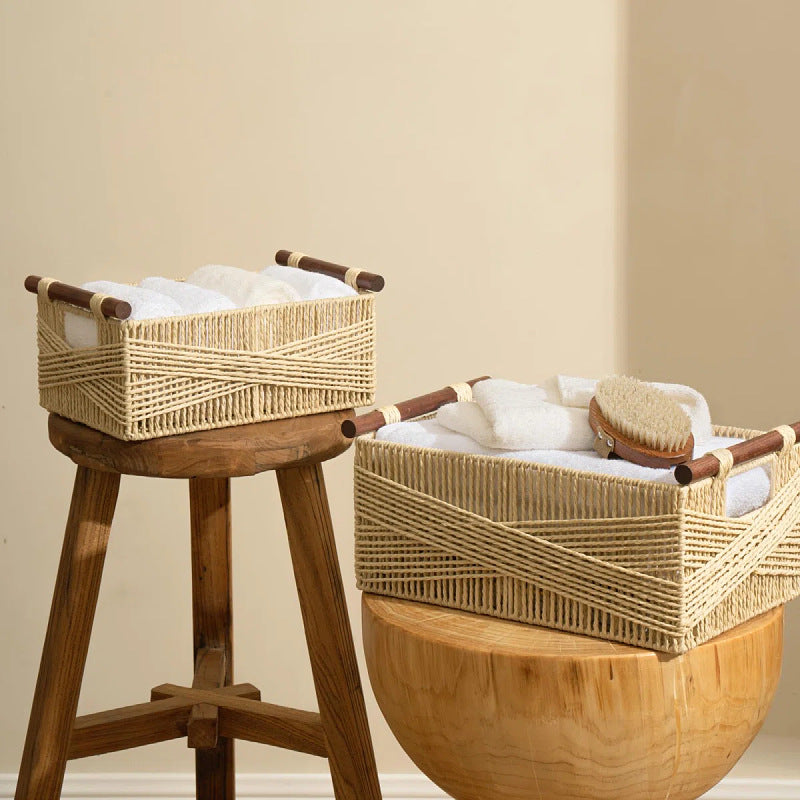Handwoven Storage Basket with Wooden Handles Acalora