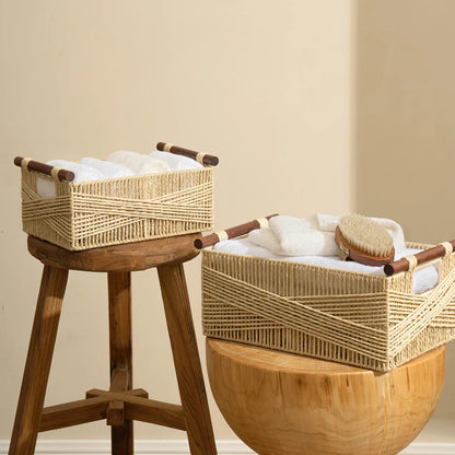 Handwoven Storage Basket with Wooden Handles Acalora