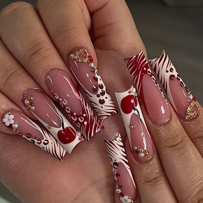 Decorative Long Press-On Nail Art with Gem Accents Acalora