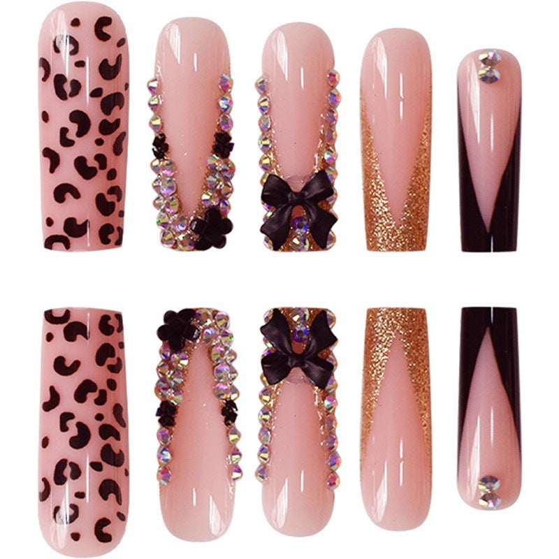 Glamorous Press-On Nail Art Set with Rhinestone and Leopard Accents Acalora