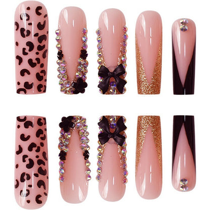 Glamorous Press-On Nail Art Set with Rhinestone and Leopard Accents Acalora