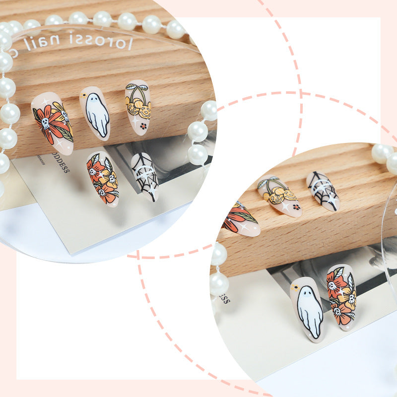 Artistic Press-On Nail Set with Seasonal Floral and Ghost Designs Acalora