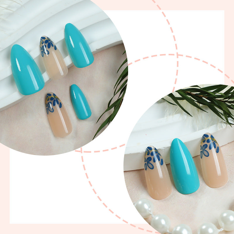 Artistic Press-On Nail Set with Floral and Leaf Designs Acalora