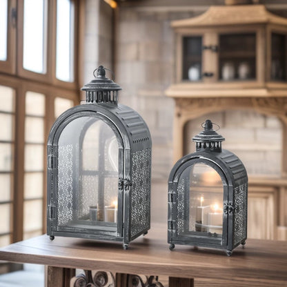 Antique-Style Arched Metal and Textured Glass Candle Lantern for Pillar Candles Acalora