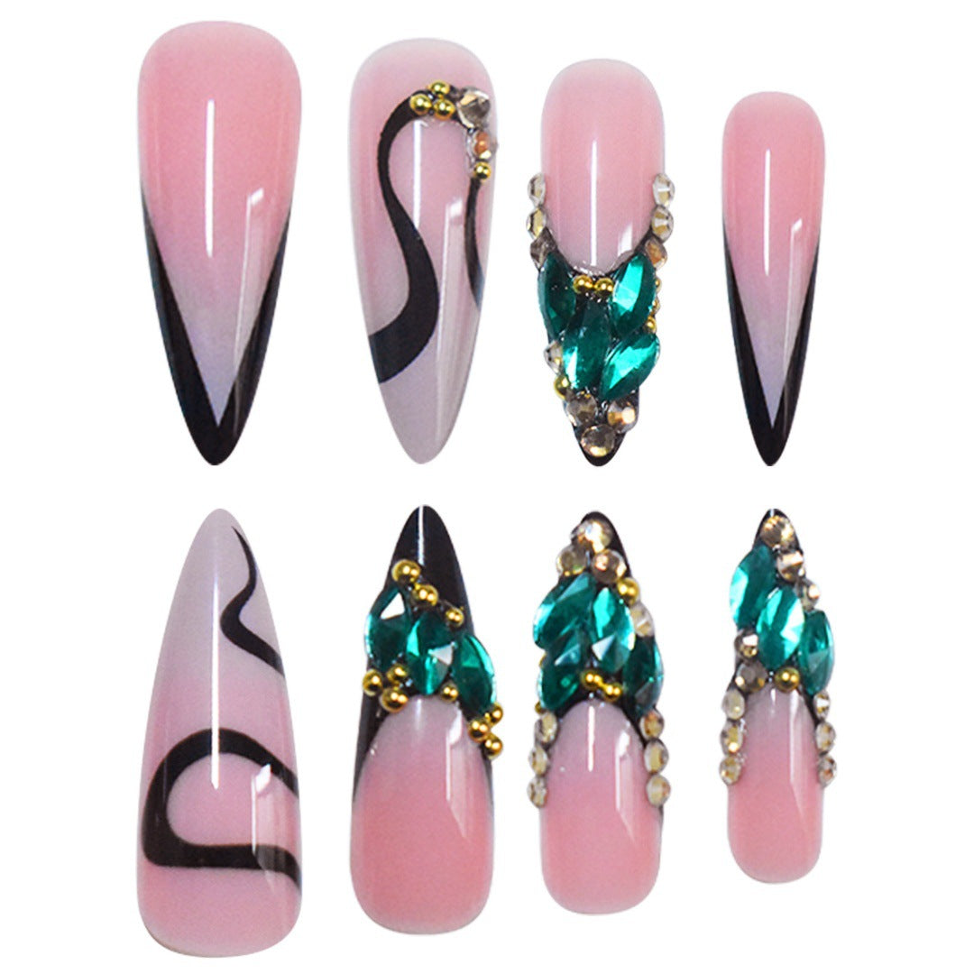 Artistic Stiletto Press-On Nail Art with Gemstone Accents Acalora