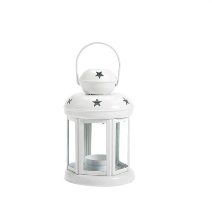 Hexagonal Glass-Paneled Metal Tealight Lantern with Star Vent Cutouts Acalora