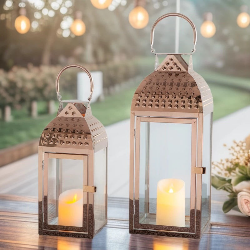 Decorative Metal and Glass Candle Lantern Set with Hinged Door Perforated Dome Top & Carry Handle Acalora