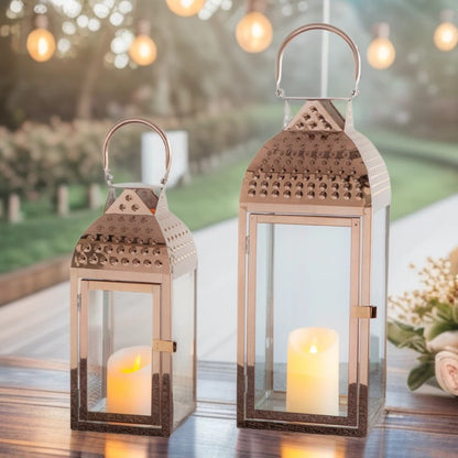 Decorative Metal and Glass Candle Lantern Set with Hinged Door Perforated Dome Top & Carry Handle Acalora