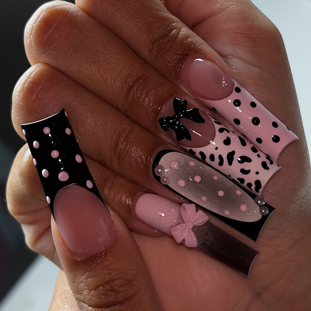 Decorative Press-On Nail Art Set with Polka Dots and Bows Acalora