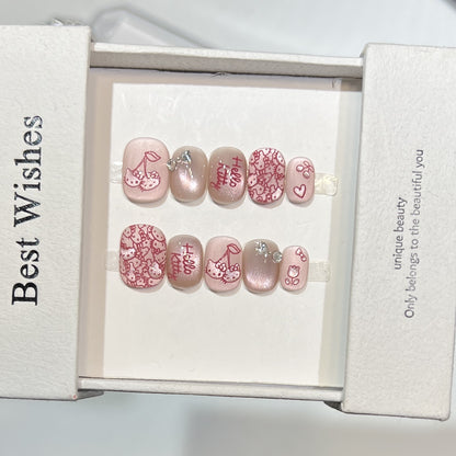Decorative Press-On Nail Art Set with Cherry and Bow Accents Acalora