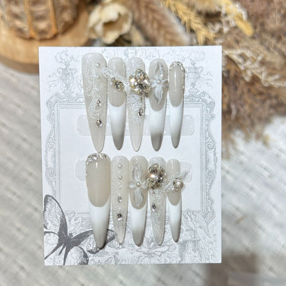 Decorative Stiletto Press-On Nail Art Set with Elegant Lace and Gemstone Accents Acalora