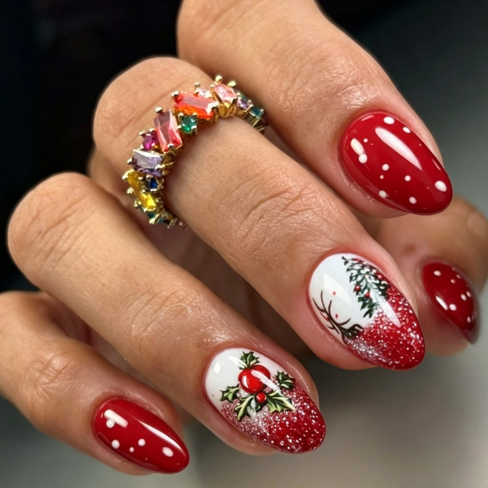 Christmas art nails with festive glitter pattern and Christmas motifs Acalora