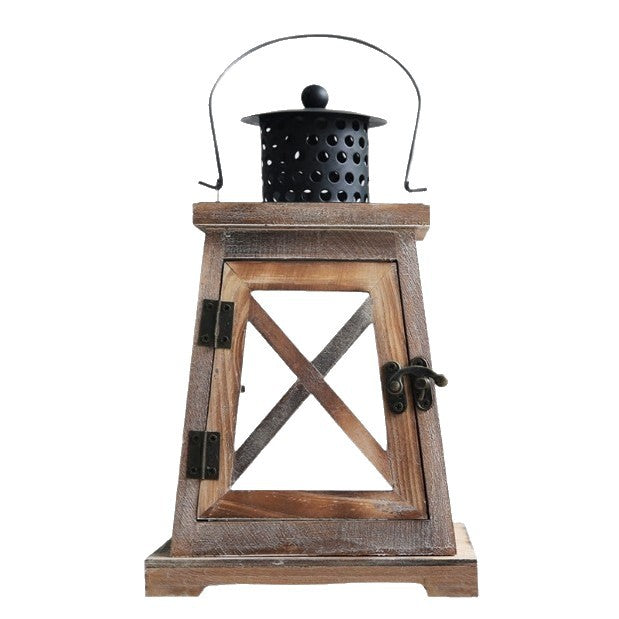 Vintage Farmhouse Glass-Panel Tapered Wooden Lantern with Perforated Metal Chimney Acalora