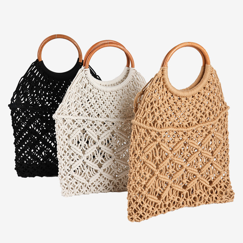 Women's Handmade Macrame Shoulder Bag with Wooden Handle Karnz