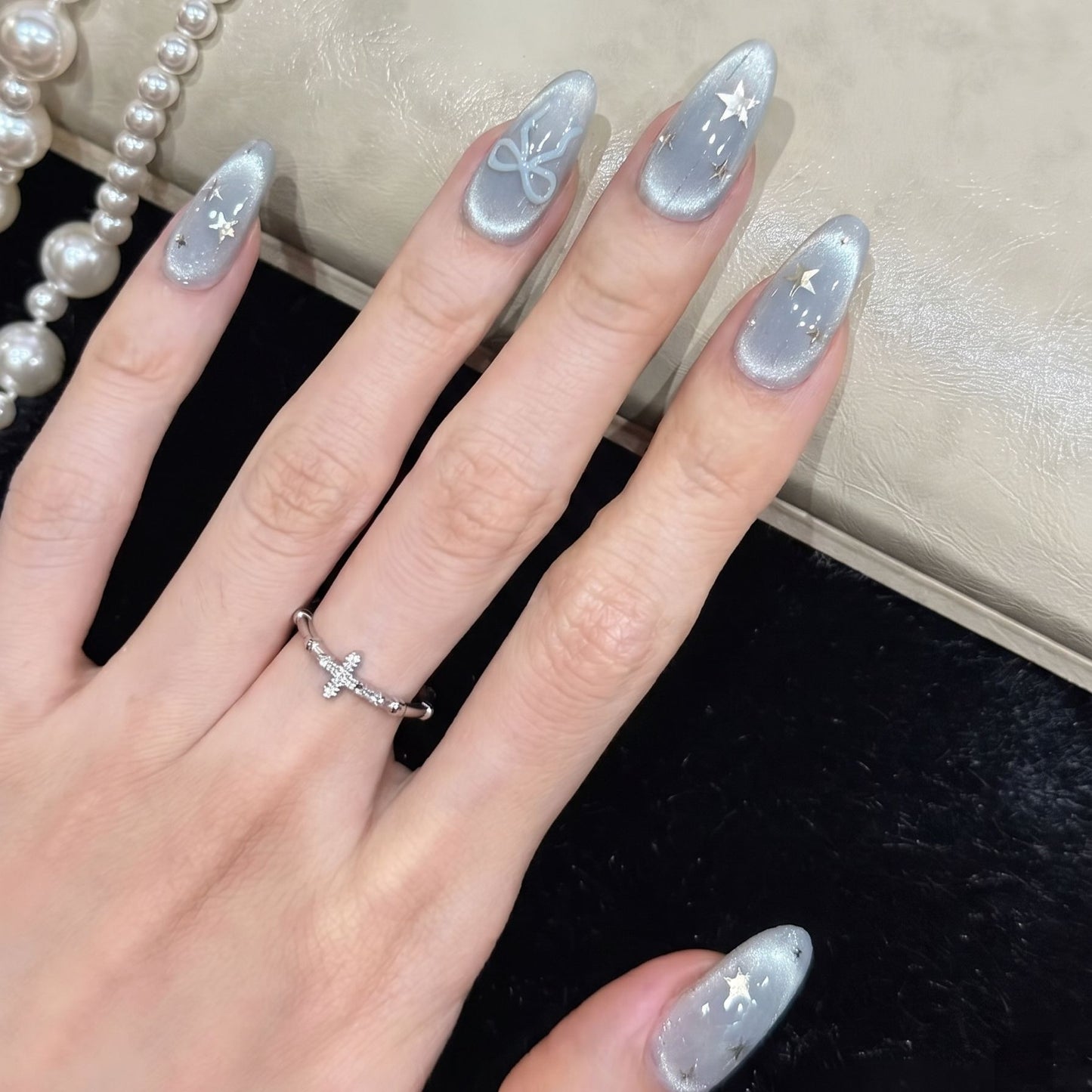 Decorative Stiletto Press-On Nail Set with Star and Bow Accents Acalora
