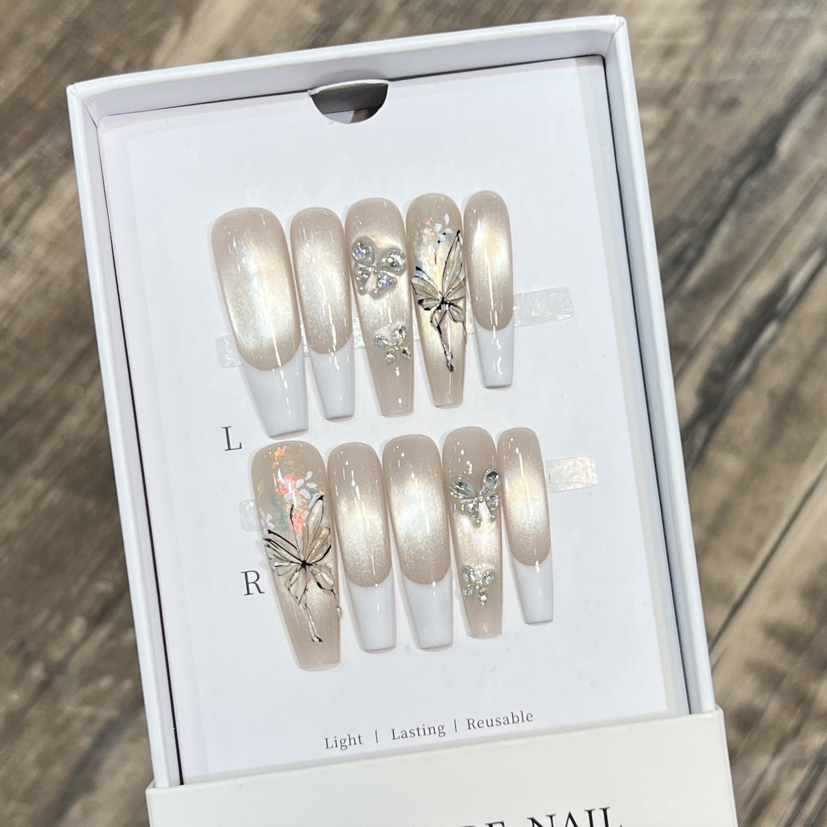 Elegant Press-On Nail Art Set with Butterfly and Jewel Accents Acalora