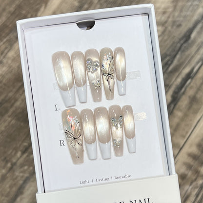 Elegant Press-On Nail Art Set with Butterfly and Jewel Accents Acalora