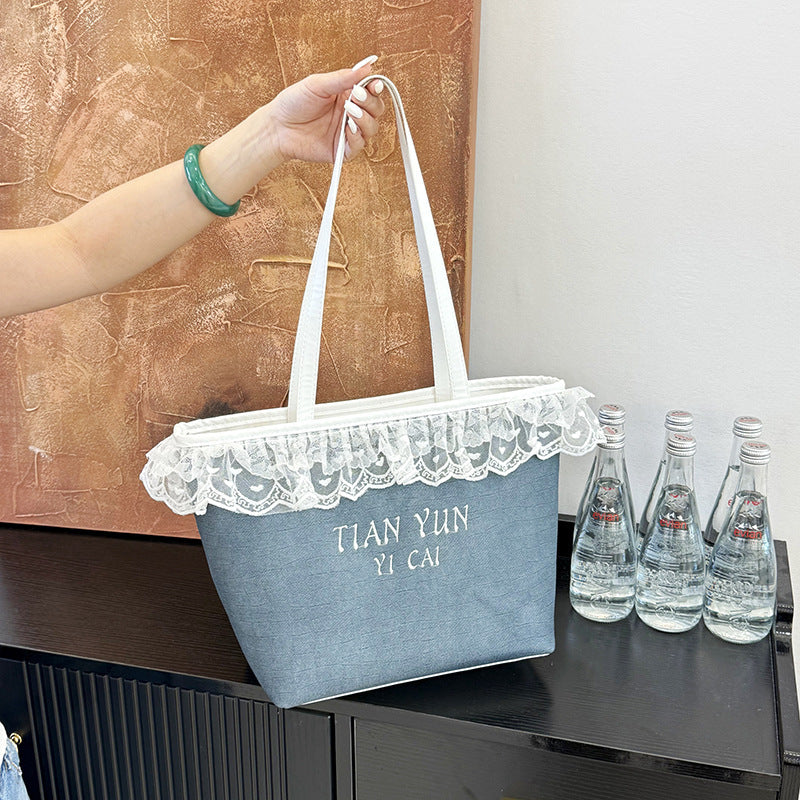 Elegant Lace-Trimmed Canvas Tote Bag Acalora