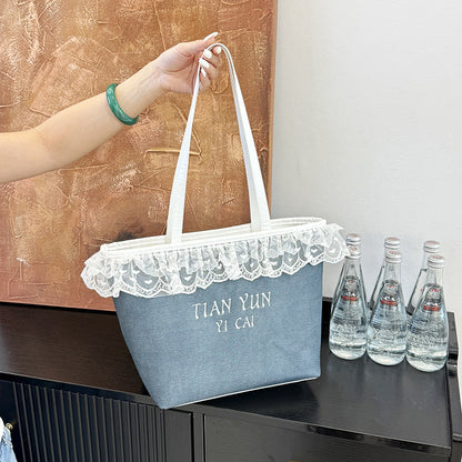 Elegant Lace-Trimmed Canvas Tote Bag Acalora