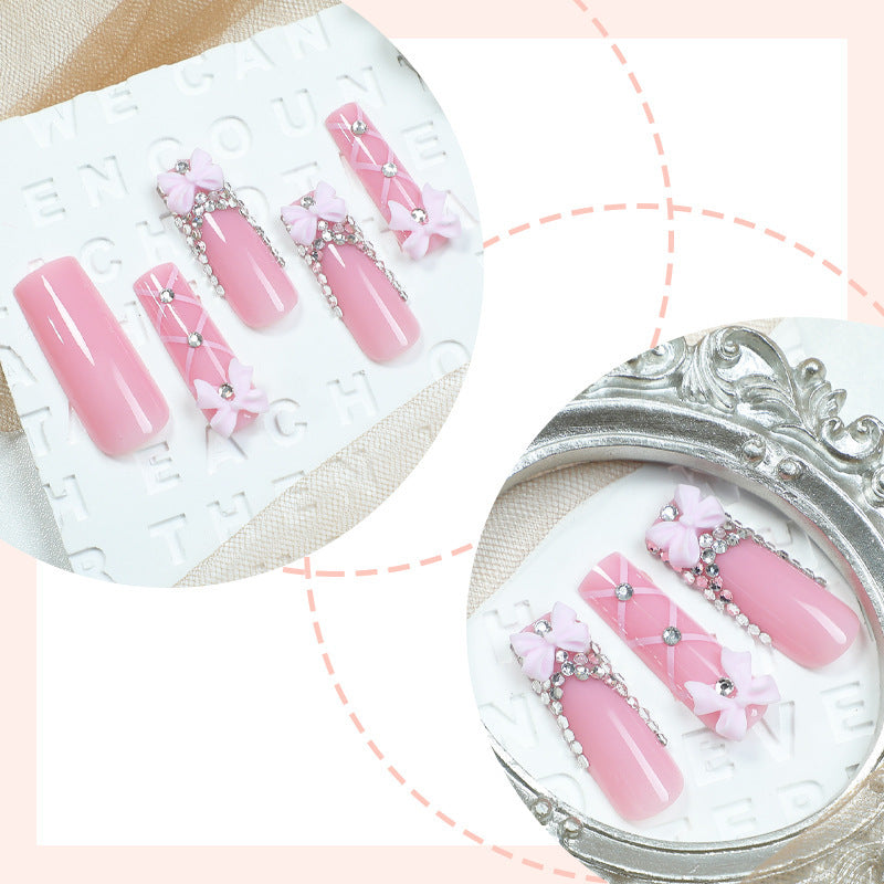 Decorative Press-On Nail Set with Elegant Bow and Gem Accents Acalora 1788496283