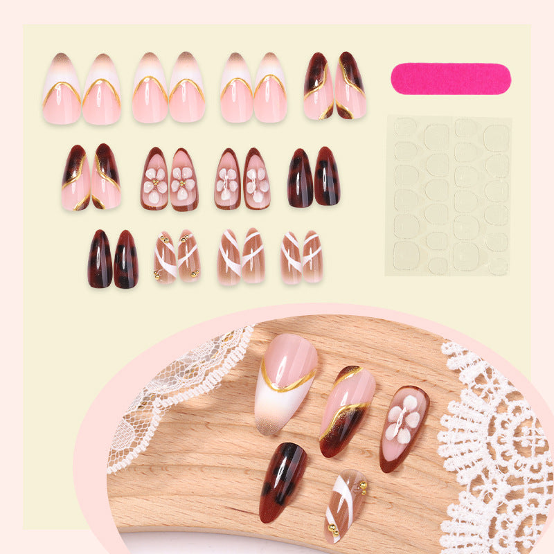 Decorative Press-On Nail Art Set with Floral and Gold Accents Acalora