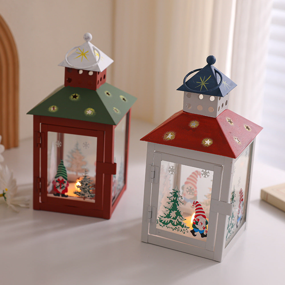 Decorative Holiday Tea Light Lantern with Glass Pane Gnome & Pine Motif Acalora