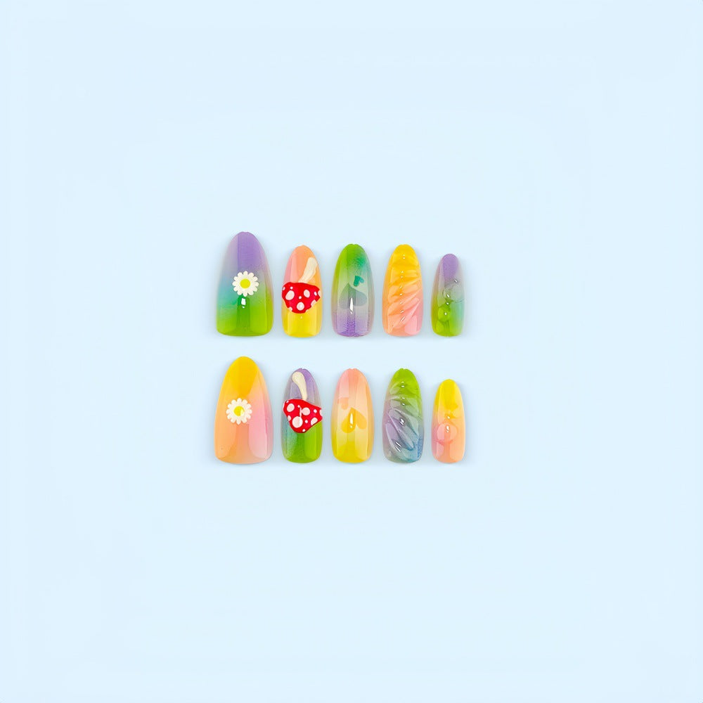 Artificial nails with cheerful flower and mushroom patterns Acalora