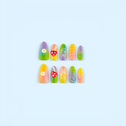 Artificial nails with cheerful flower and mushroom patterns Acalora