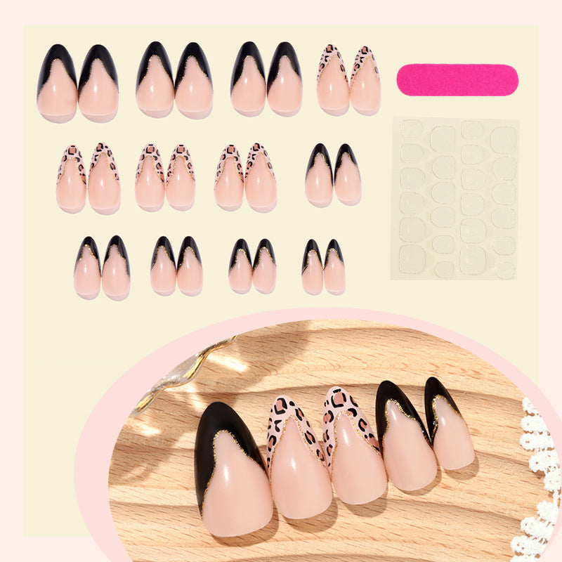 Stiletto Press-On Nail Set with Creative Leopard and Glossy Black Accents Acalora